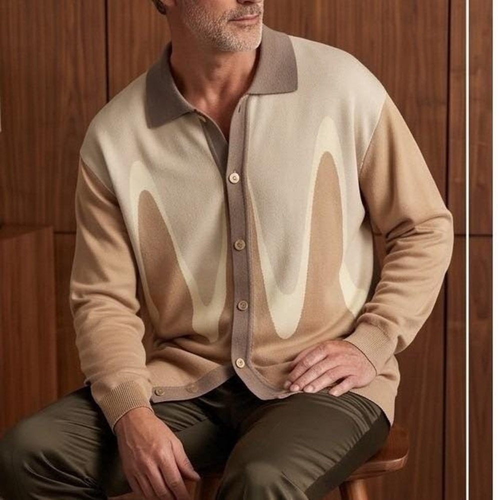 Creme De Silk Y2K Mens 3X Knit Polo Sweater Silk Rayon Tan‎ Wave Pattern NWT